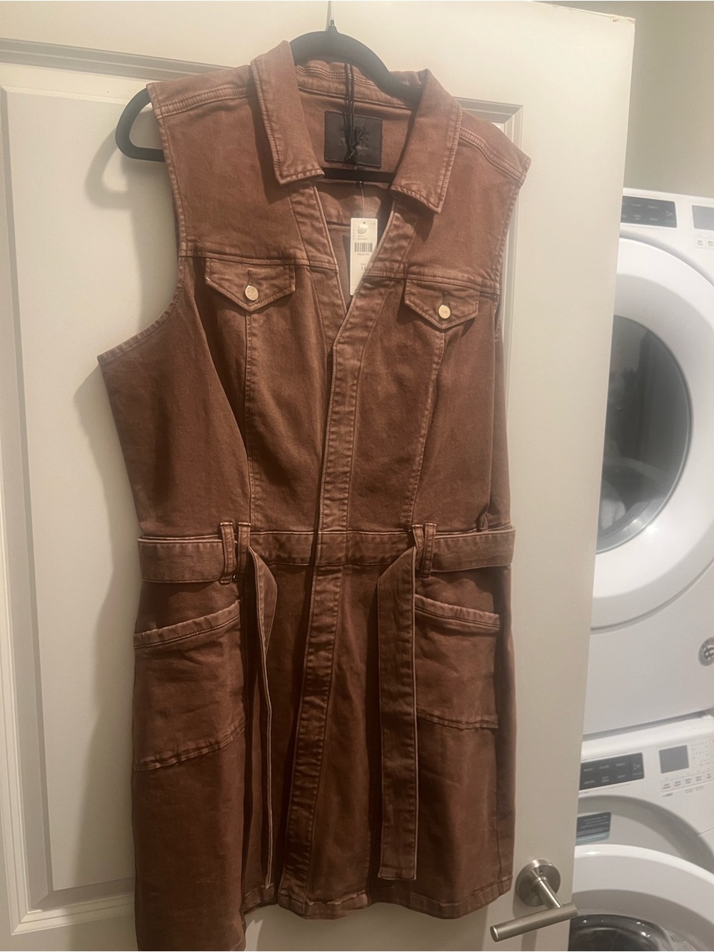 PAIGE Brown Sleeveless Denim Mini Dress with Belt